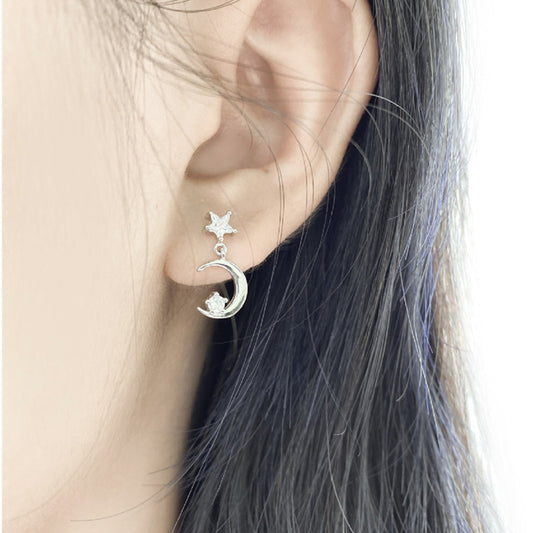 Stars earrings, Diamond ear stud, 92.5% Sterling Silver, Moon earrings