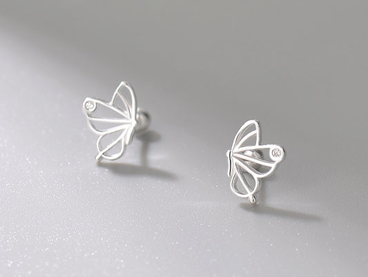 Butterfly earrings, Diamond stud earrings，Pierced ear stud, 99.9% Sterling Silver