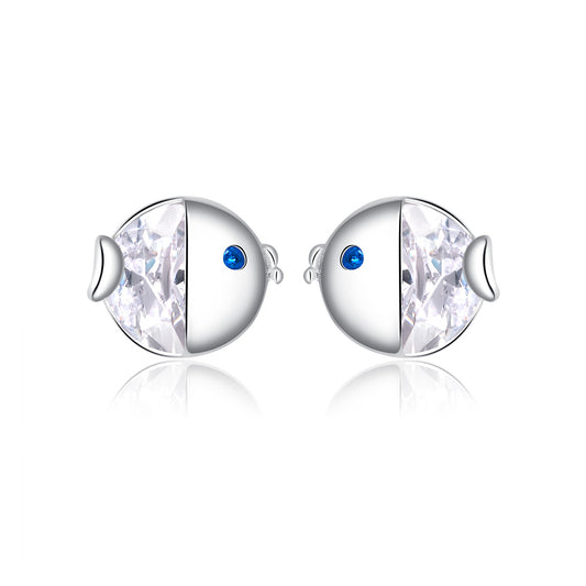 Kiss fish earrings, 92.5% Sterling Silver, Zircon ear stud