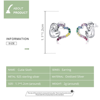 Tree sloths earrings, Zircon ear stud, 92.5% Sterling Silver,  Heart-shaped earrings