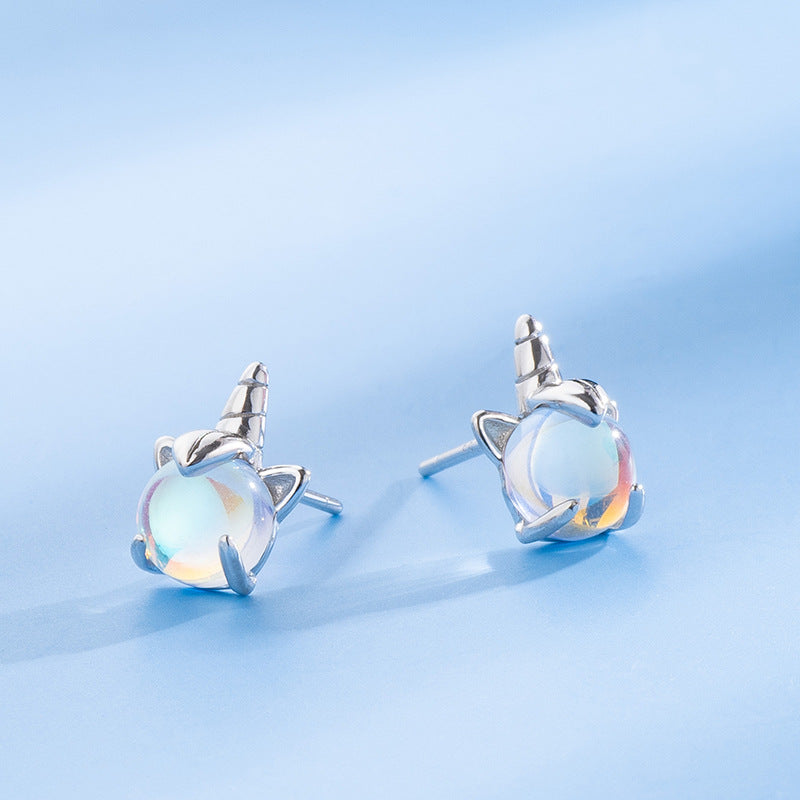 Moonstone earrings, Unicorn ear stud, 92.5% Sterling Silver,  Pierced earrings
