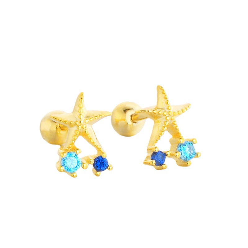 Starfish earrings, Shell ear stud, 92.5% Sterling Silver, Screw earrings