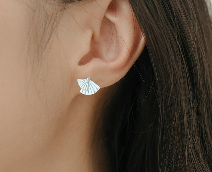 Fan earrings, Shell ear stud, 99.9% Sterling Silver, Unique design earrings