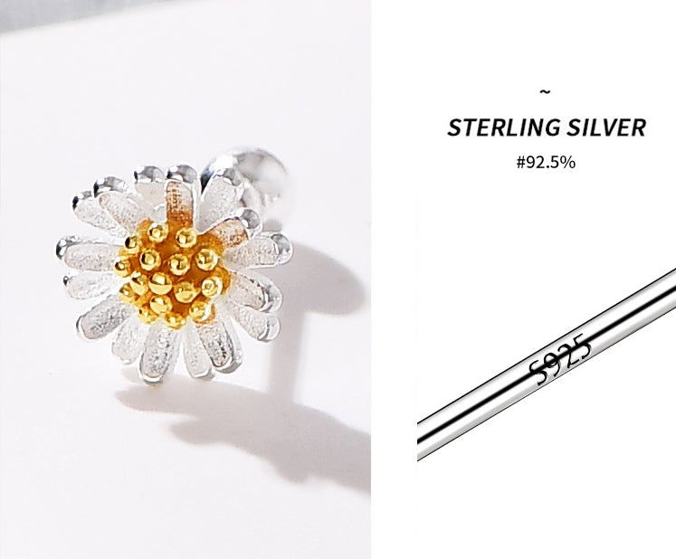 Floral earrings, Daisy ear stud, 92.5% Sterling Silver,  Screw earrings
