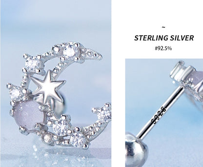 Stars earrings, Diamond ear stud, 92.5% Sterling Silver, Moon earrings