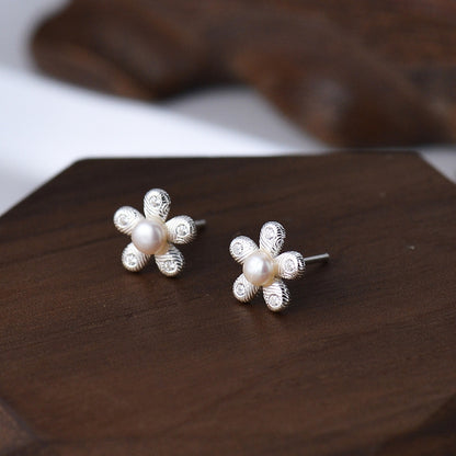 Floral earrings, Pearl ear stud, 99.9% Sterling Silver, Unique design earrings