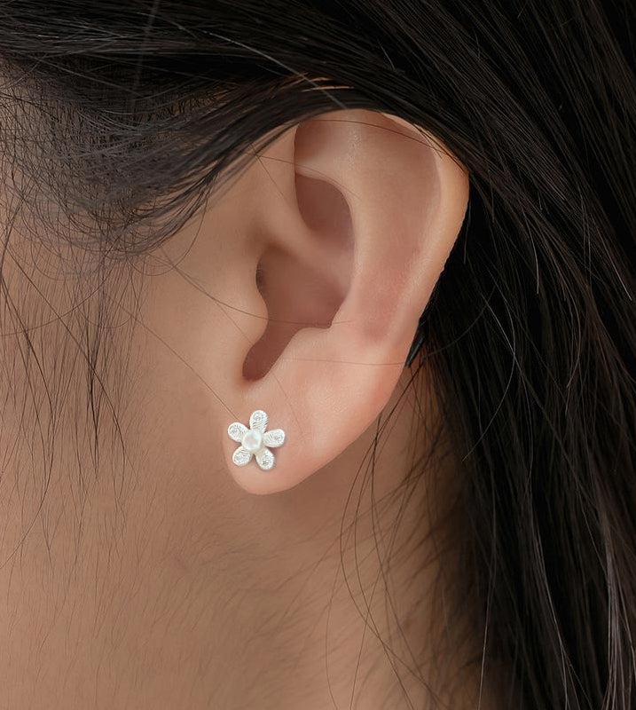 Floral earrings, Pearl ear stud, 99.9% Sterling Silver, Unique design earrings