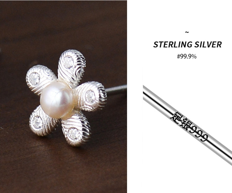 Floral earrings, Pearl ear stud, 99.9% Sterling Silver, Unique design earrings