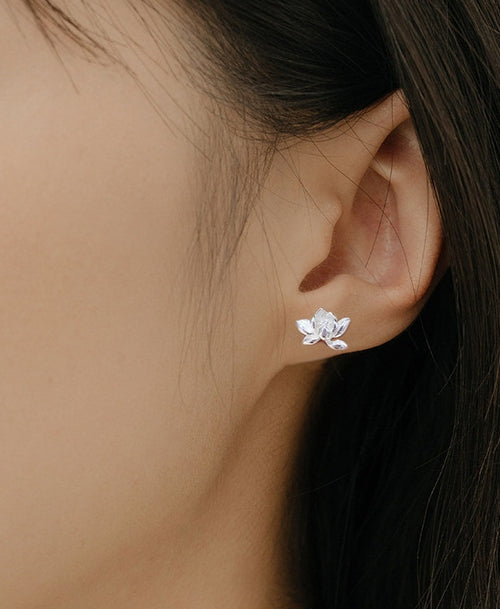 Lotus flower earrings, 99.9% Sterling Silver, Elegant ear stud
