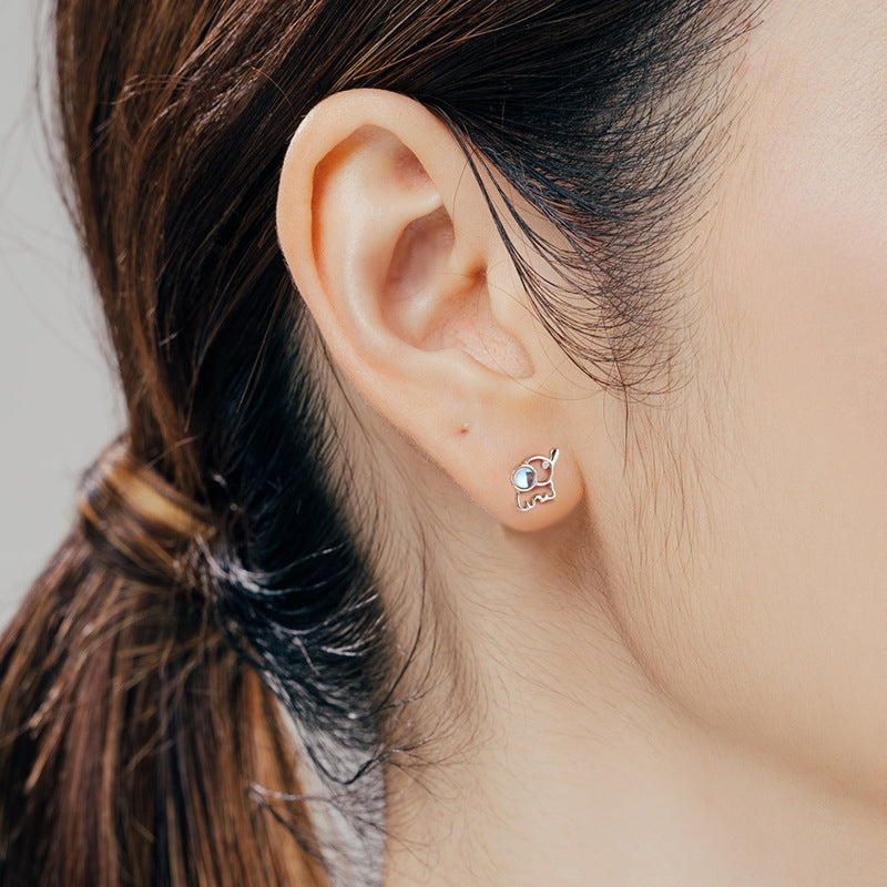 Elephant earrings, Moonstone stud earrings，Pierced ear stud, 99.9% Sterling Silver