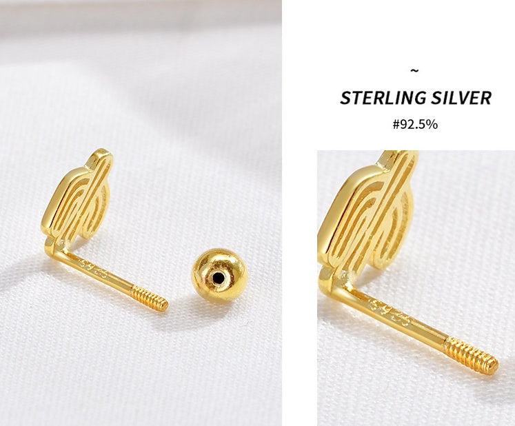 Cactus earrings, Pierced ear stud, 99.9% Sterling Silver