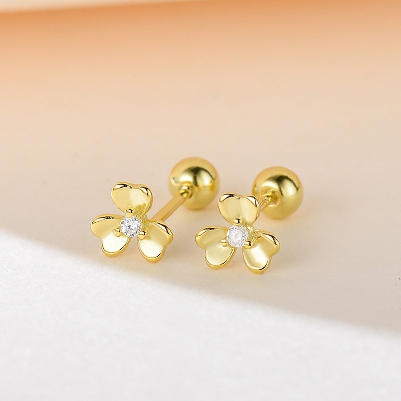 Floral earrings, Diamond ear stud, 99.9% Sterling Silver, Trefoil earrings