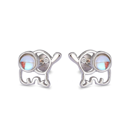 Elephant earrings, Moonstone stud earrings，Pierced ear stud, 99.9% Sterling Silver