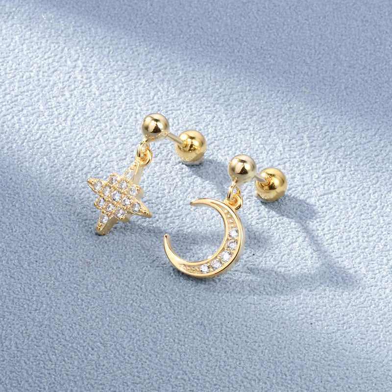 Star&Moon earrings, Diamond ear stud, 92.5% Sterling Silver, Asymmetrical earrings