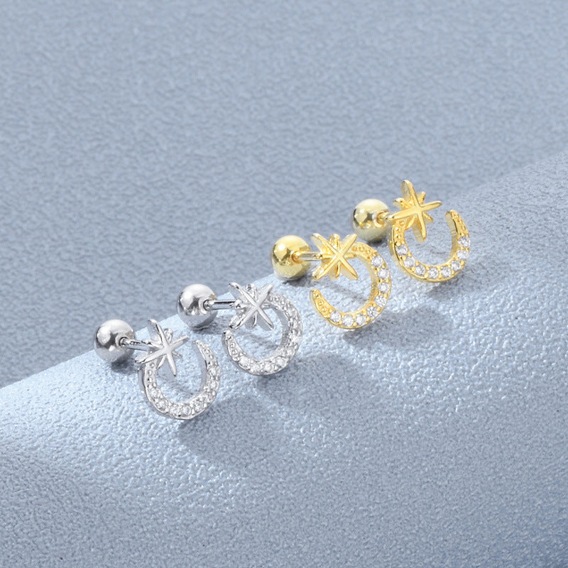 Star&Moon earrings, Diamond ear stud, 92.5% Sterling Silver, Asymmetrical earrings
