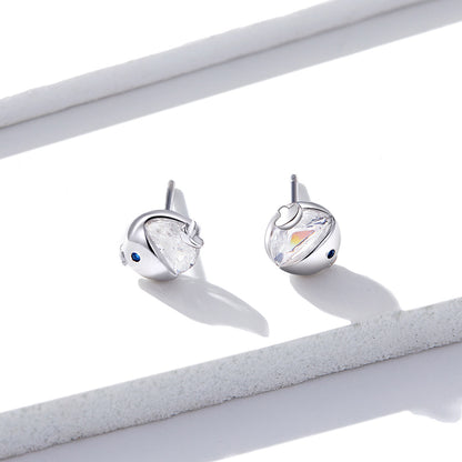 Kiss fish earrings, 92.5% Sterling Silver, Zircon ear stud