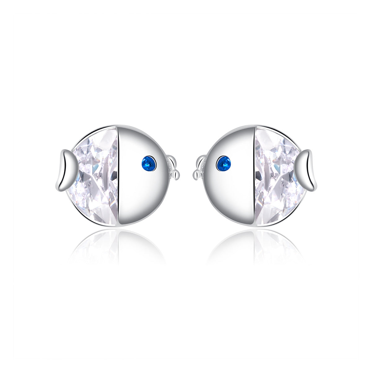 Kiss fish earrings, 92.5% Sterling Silver, Zircon ear stud