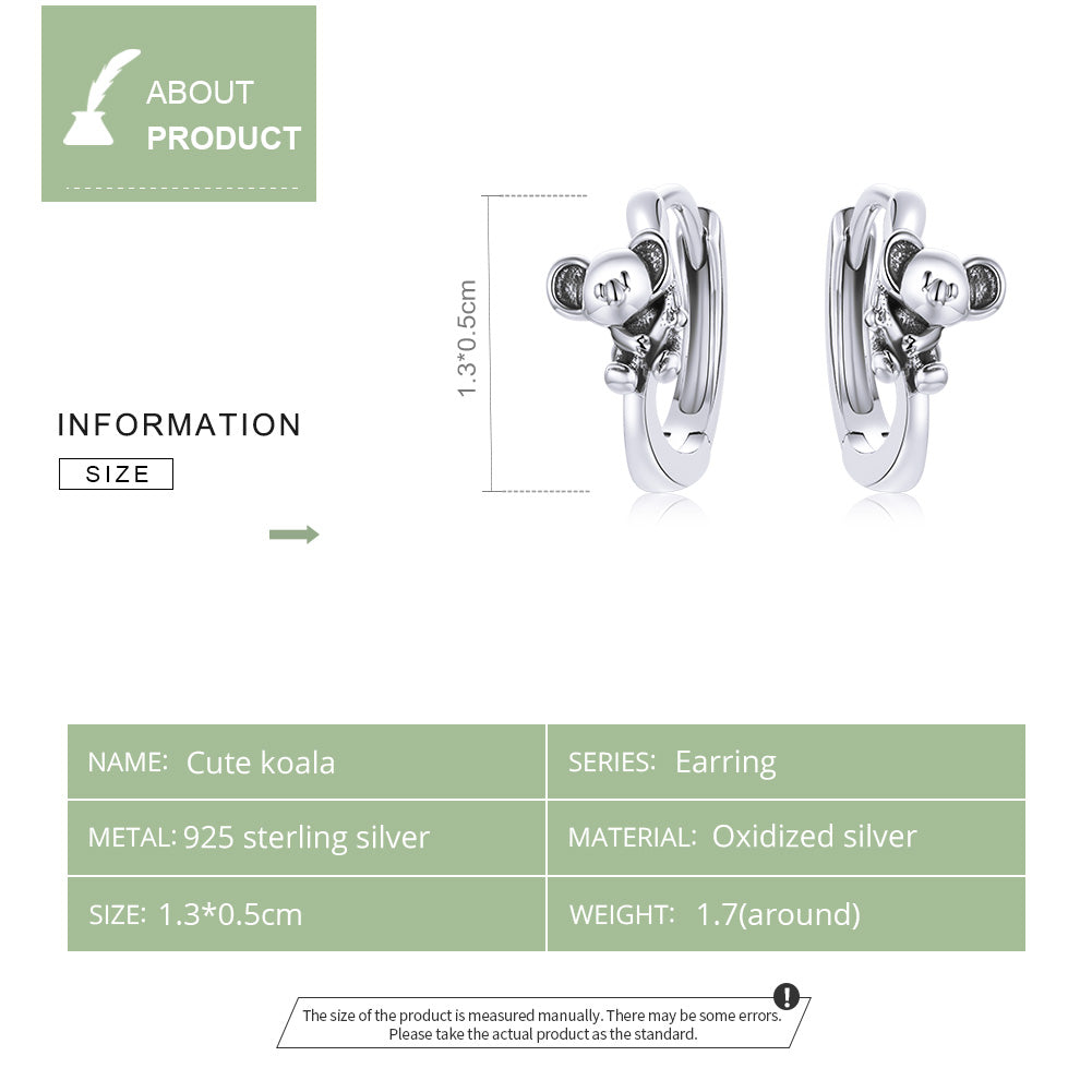 Koala earrings, 92.5% Sterling Silver, Hypoallergenic earrings