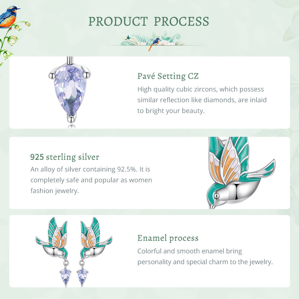 Kingfisher earrings,  92.5% Sterling Silver,  Zircon ear stud
