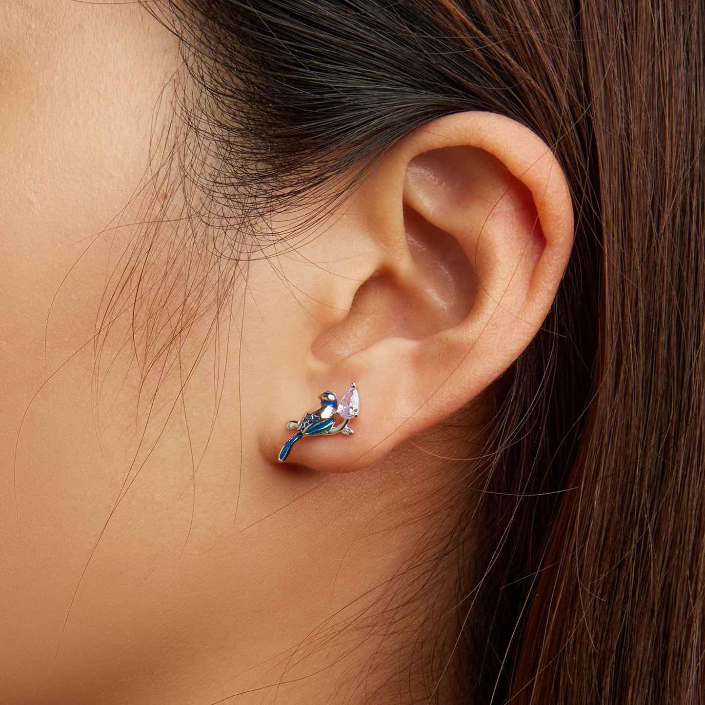 Bird earrings,  92.5% Sterling Silver,  Zircon ear stud
