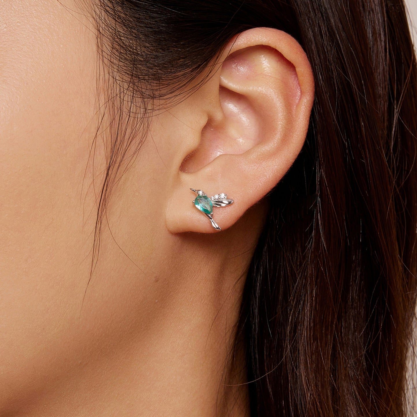 Bird earrings,  92.5% Sterling Silver,  Zircon ear stud