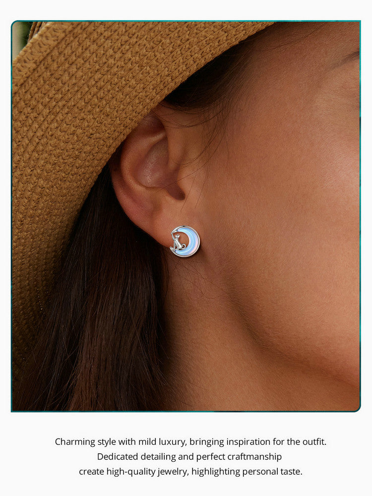 Moon&Cat earrings,  92.5% Sterling Silver,  Zircon ear stud
