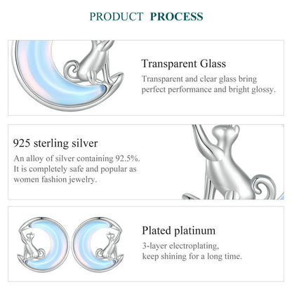 Moon&Cat earrings,  92.5% Sterling Silver,  Zircon ear stud