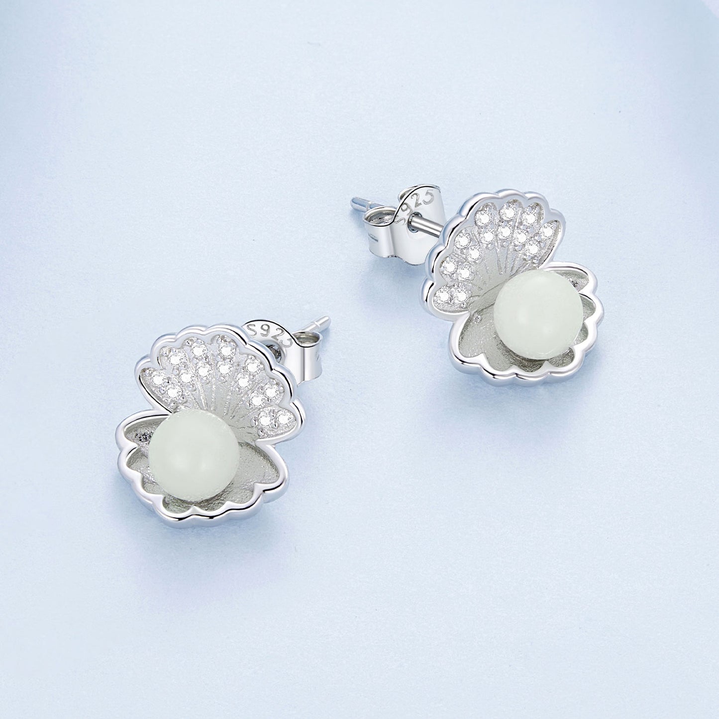 Shell earrings,  92.5% Sterling Silver, Luminous stone ear stud, Zircon earrings