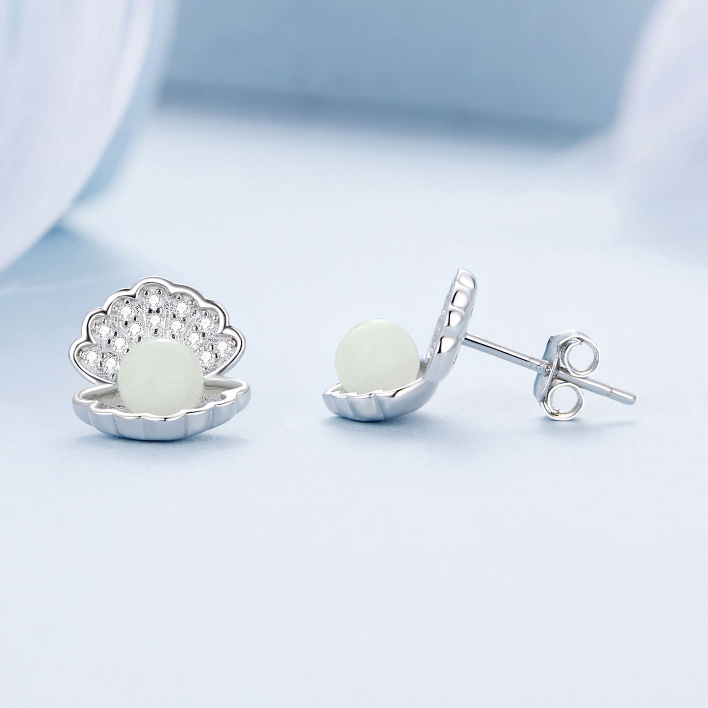 Shell earrings,  92.5% Sterling Silver, Luminous stone ear stud, Zircon earrings
