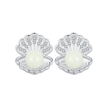 Shell earrings,  92.5% Sterling Silver, Luminous stone ear stud, Zircon earrings