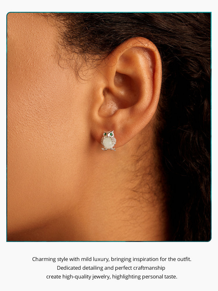 Owl earrings,  92.5% Sterling Silver,  Luminous stone ear stud