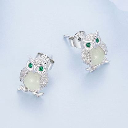 Owl earrings,  92.5% Sterling Silver,  Luminous stone ear stud