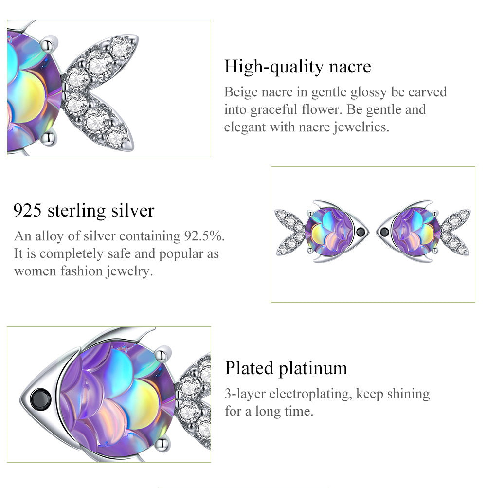 Fish earrings, 92.5% Sterling Silver, Zircon ear stud