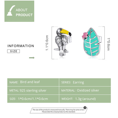 Toucan earrings, 92.5% Sterling Silver, Leaf ear stud