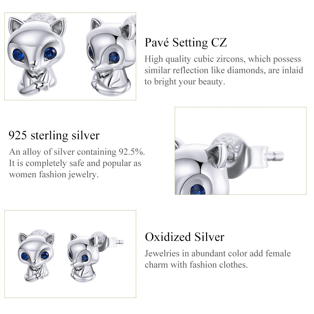 Fox earrings, 92.5% Sterling Silver, Zircon ear stud