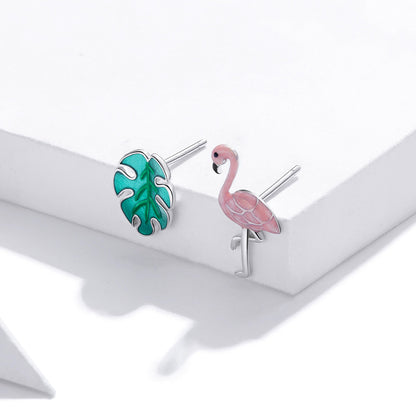 Flamingo earrings,  92.5% Sterling Silver,  Leaf ear stud