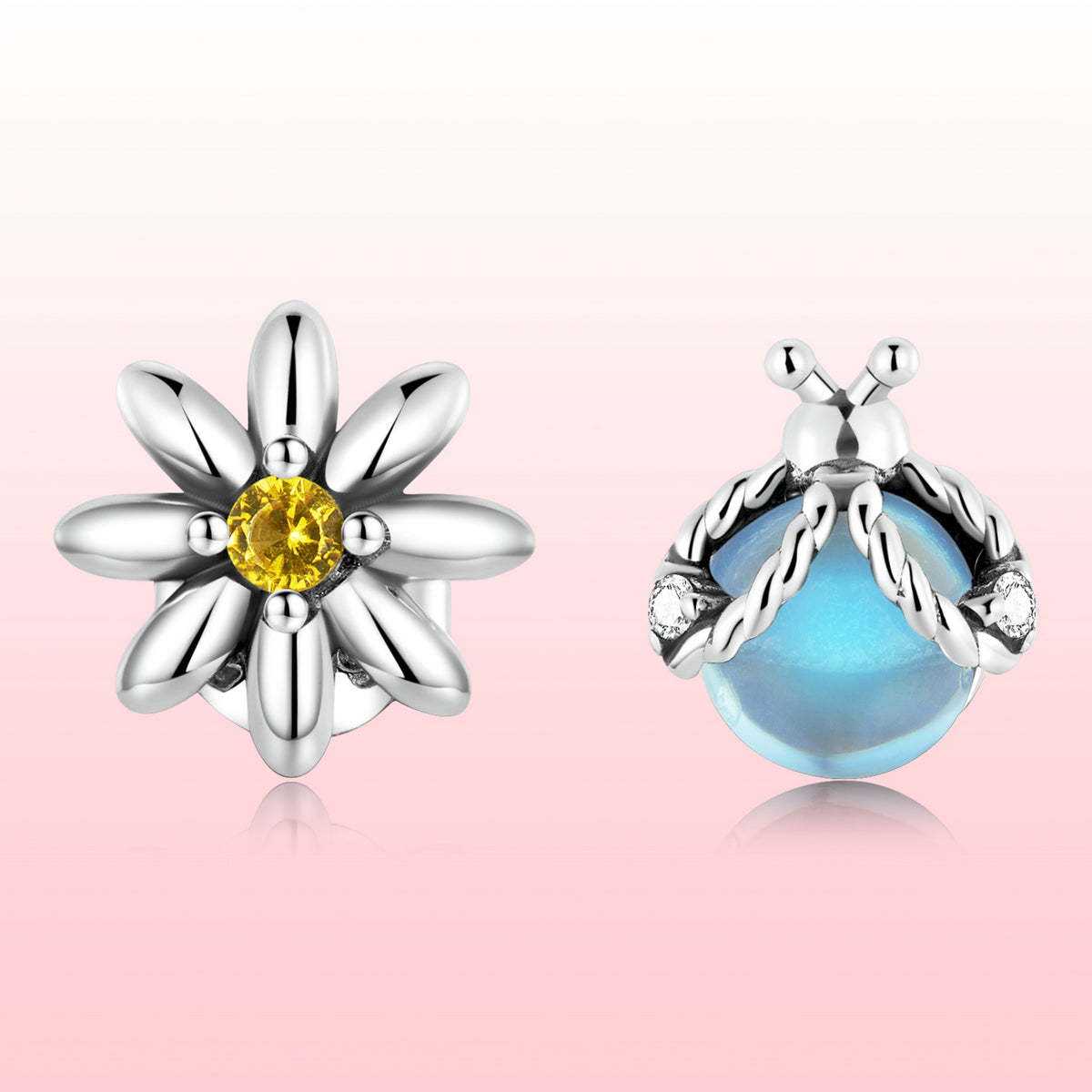 Ladybird earrings, 92.5% Sterling Silver, Daisy ear stud