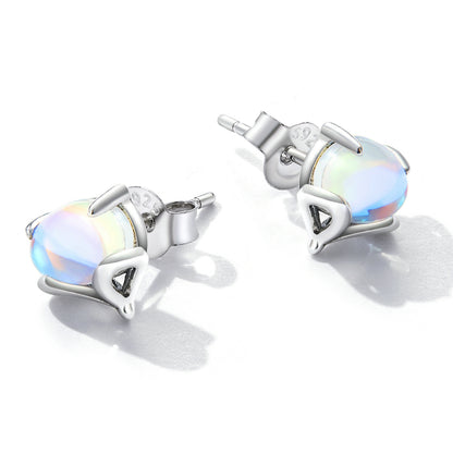 Moonstone earrings,  92.5% Sterling Silver,  Little fox ear stud