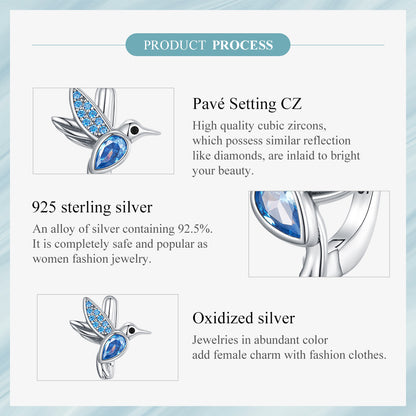 Hummingbird earrings,  92.5% Sterling Silver,  Zircon ear stud