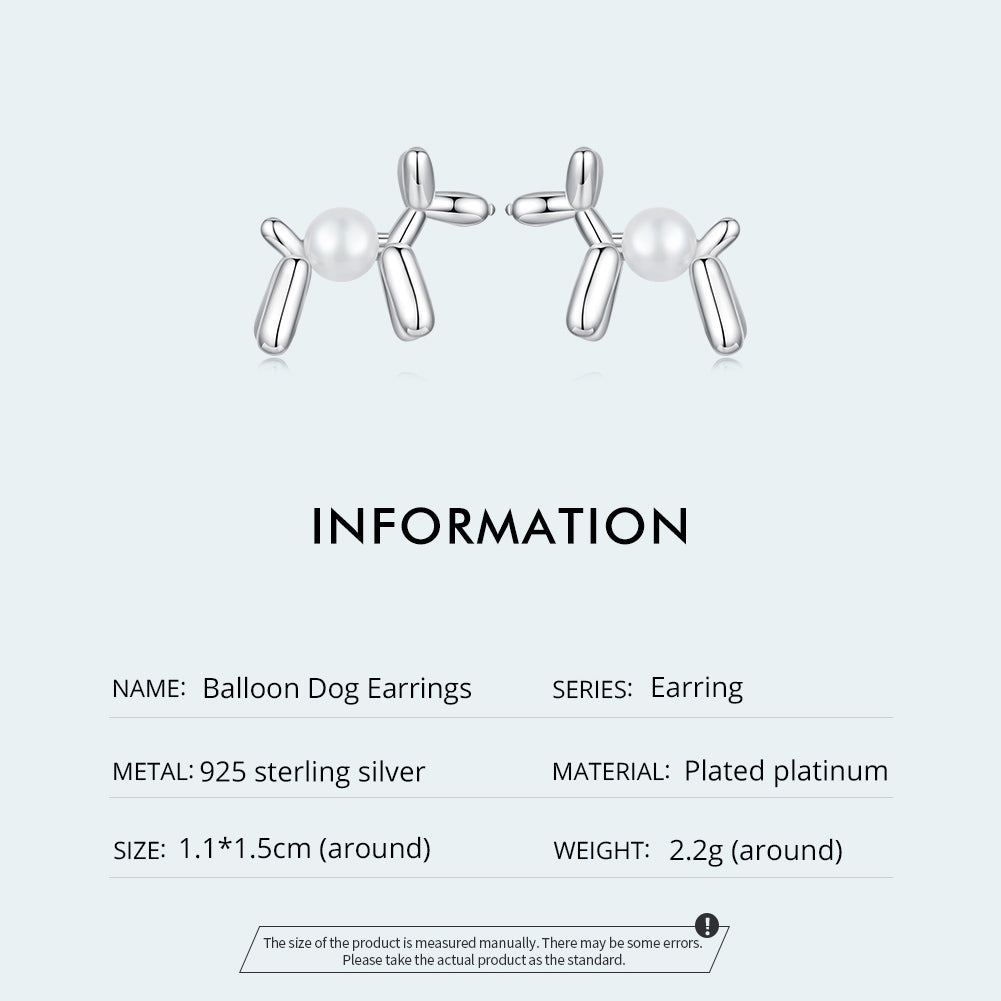 Balloon Dog earrings,  92.5% Sterling Silver,  Shell pearl ear stud