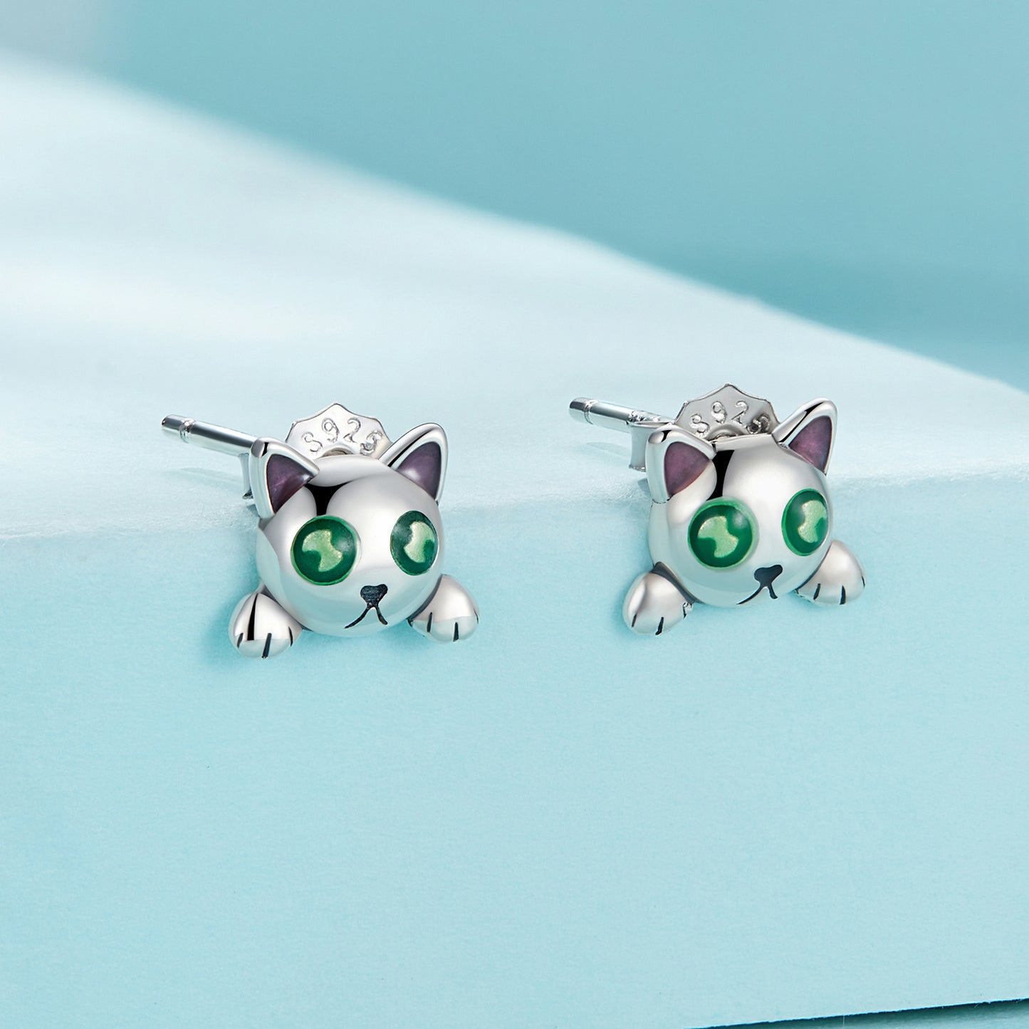 Kitty earrings,  92.5% Sterling Silver,  Luminous stone ear stud