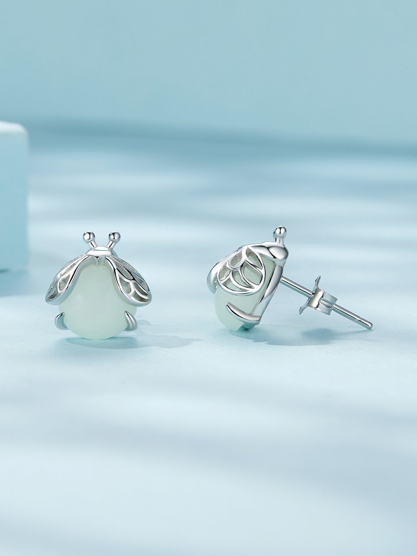 Glowworm earrings,  92.5% Sterling Silver,  Luminous stone ear stud