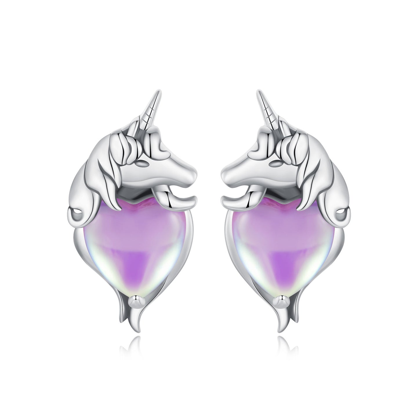 Unicorn earrings, 92.5% Sterling Silver, Glass ear stud