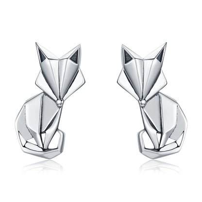 Origami fox earrings,  92.5% Sterling Silver,  Cute animal ear stud