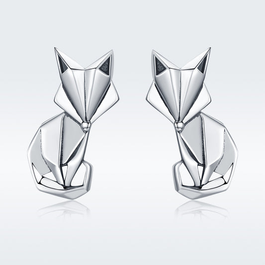 Origami fox earrings,  92.5% Sterling Silver,  Cute animal ear stud