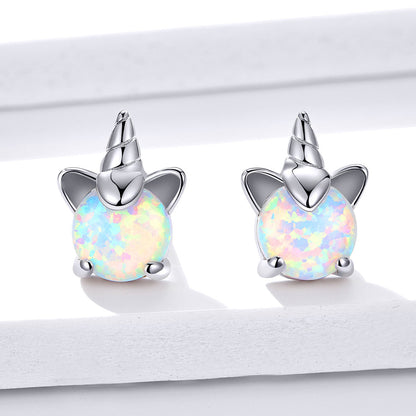 Unicorn earrings,  92.5% Sterling Silver, Opal ear stud