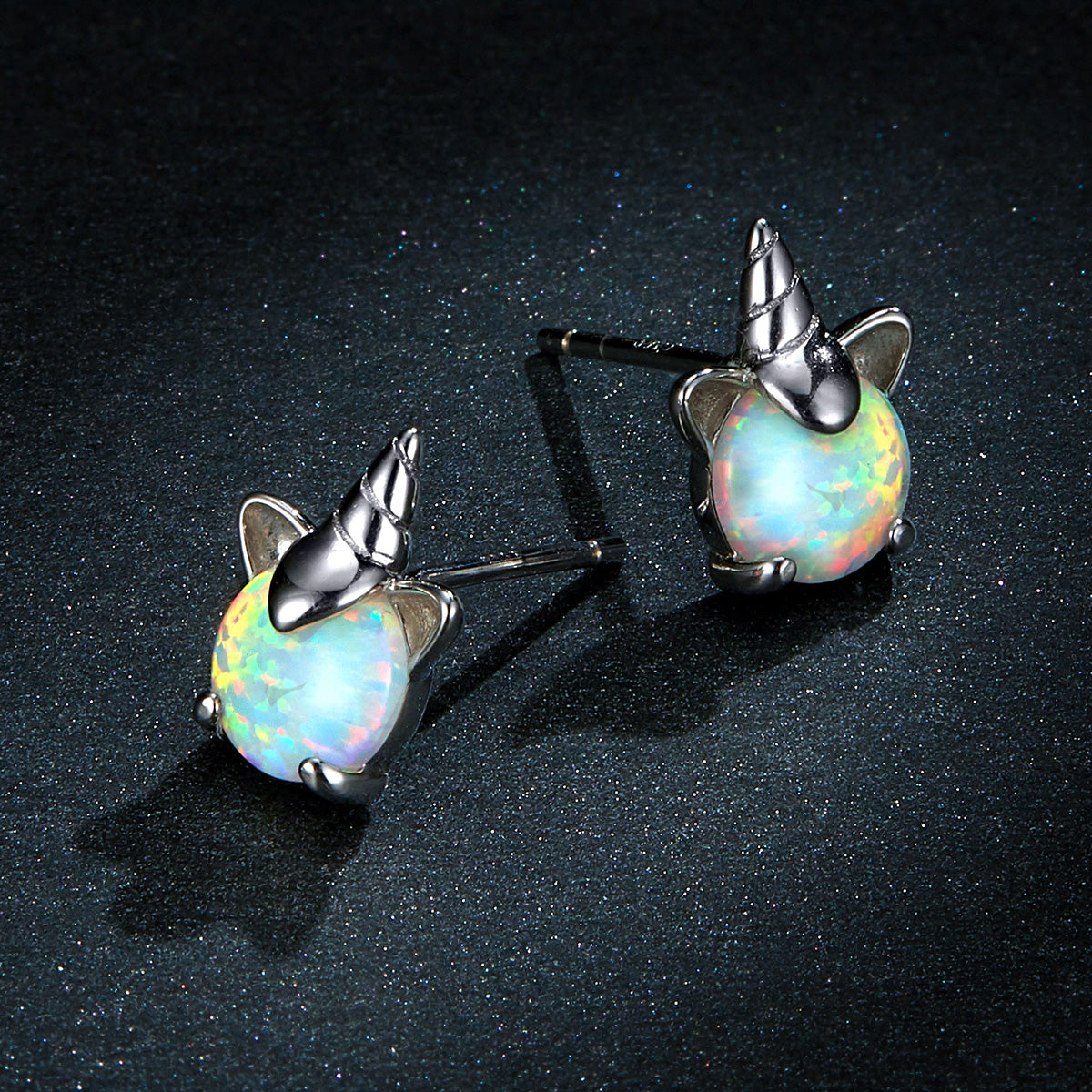 Unicorn earrings,  92.5% Sterling Silver, Opal ear stud
