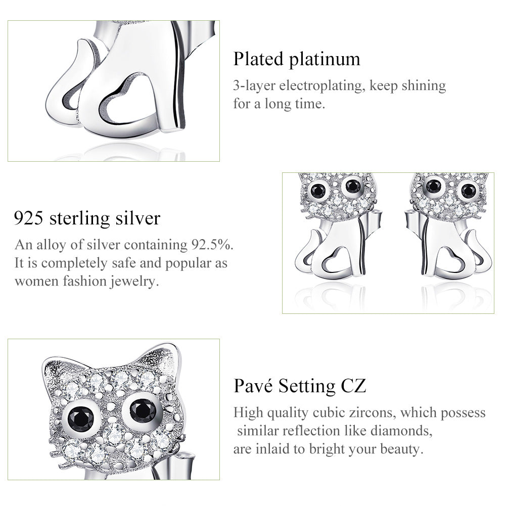 Cat earrings, 92.5% Sterling Silver, Zircon ear stud