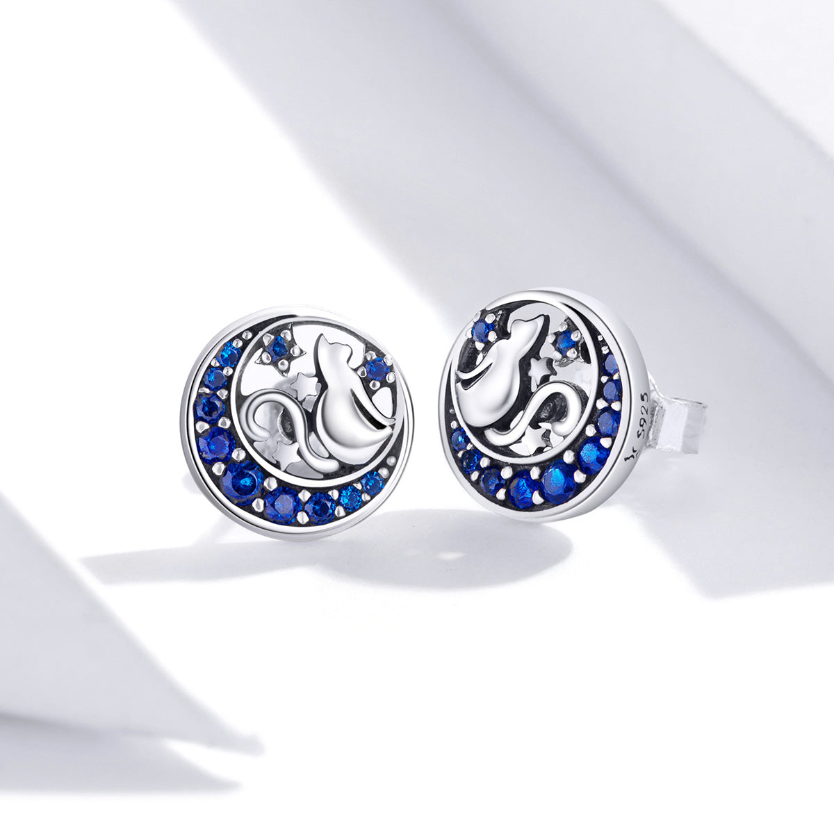 Moon&Cat earrings,  92.5% Sterling Silver,   Zircon ear stud