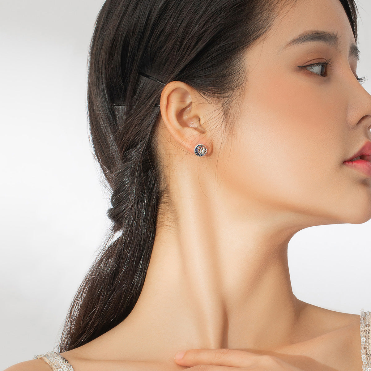 Moon&Cat earrings,  92.5% Sterling Silver,   Zircon ear stud